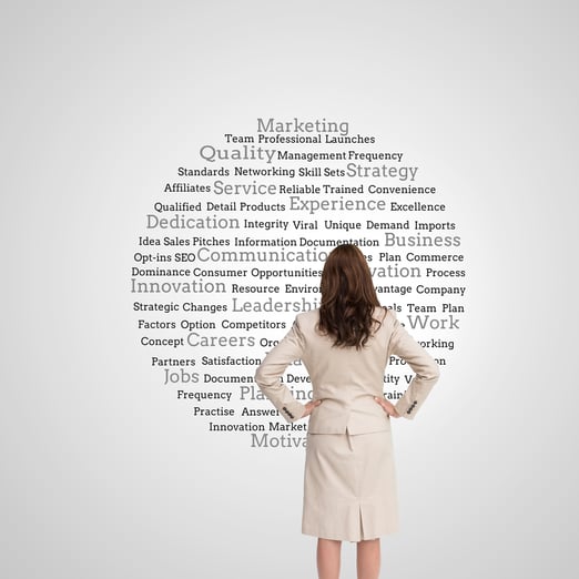business woman staring at word composite
