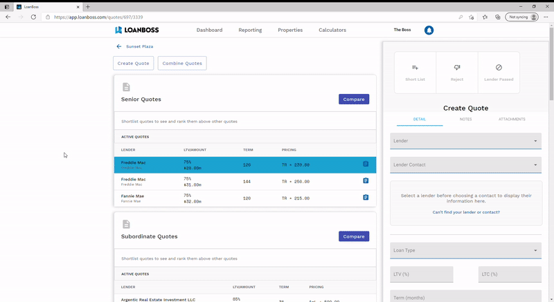 matrix to compare different quotes, line up term sheets for easy analysis