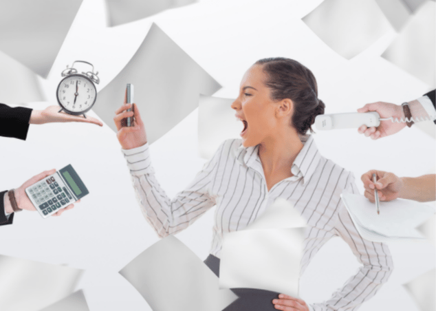 disrupting working woman with documents, calls, calculations, etc