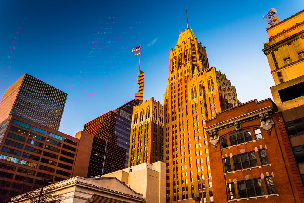 Evening light on a cluster of buildings in downtown Baltimore, Maryland.-1